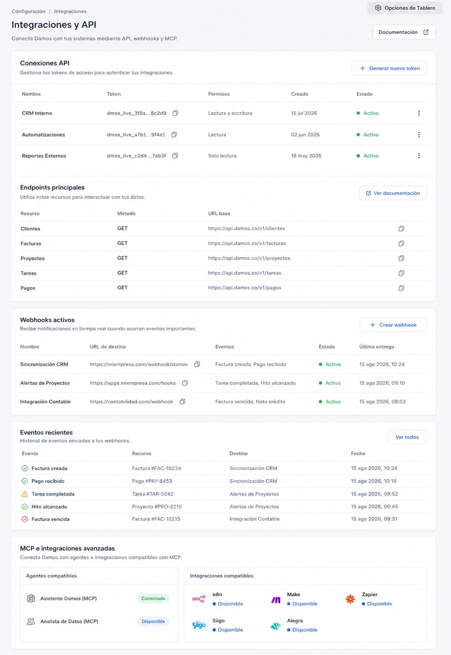 Integraciones opcionales mediante API, webhooks y MCP