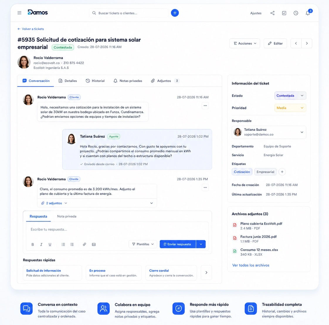 Gestión de conversaciones, responsables, notas y archivos de un ticket